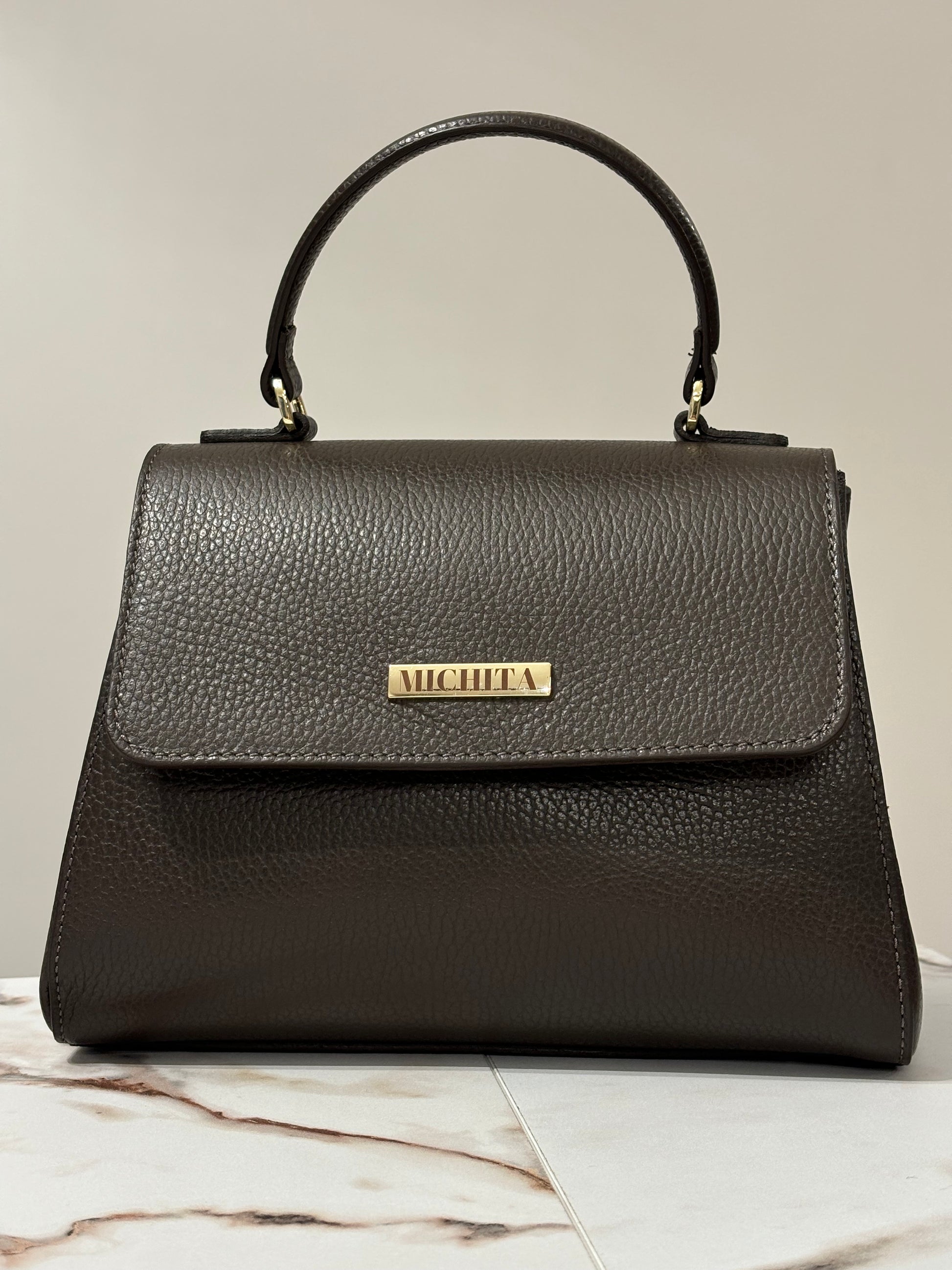 Florence Bag Dark Chocolate vista frontale – borsa a mano in vera pelle dollaro MICHITA