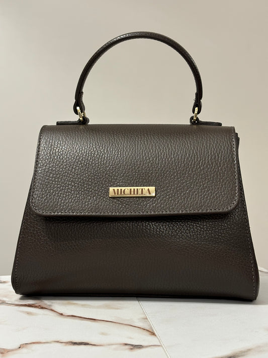 Florence Bag Dark Chocolate vista frontale – borsa a mano in vera pelle dollaro MICHITA